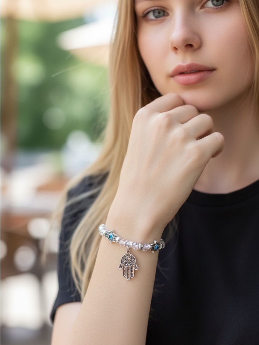8/28 Silver Hamsa Charm Beaded Bracelet with Blue Accents